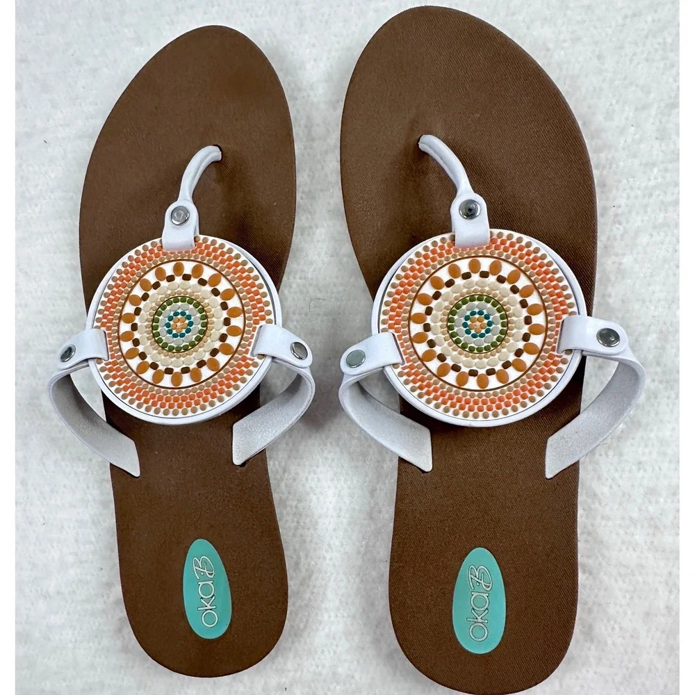 Oka-B Flip Flop Sandals Womens Sz 11 Brown White Medallion Boho Vegan Bio-Based